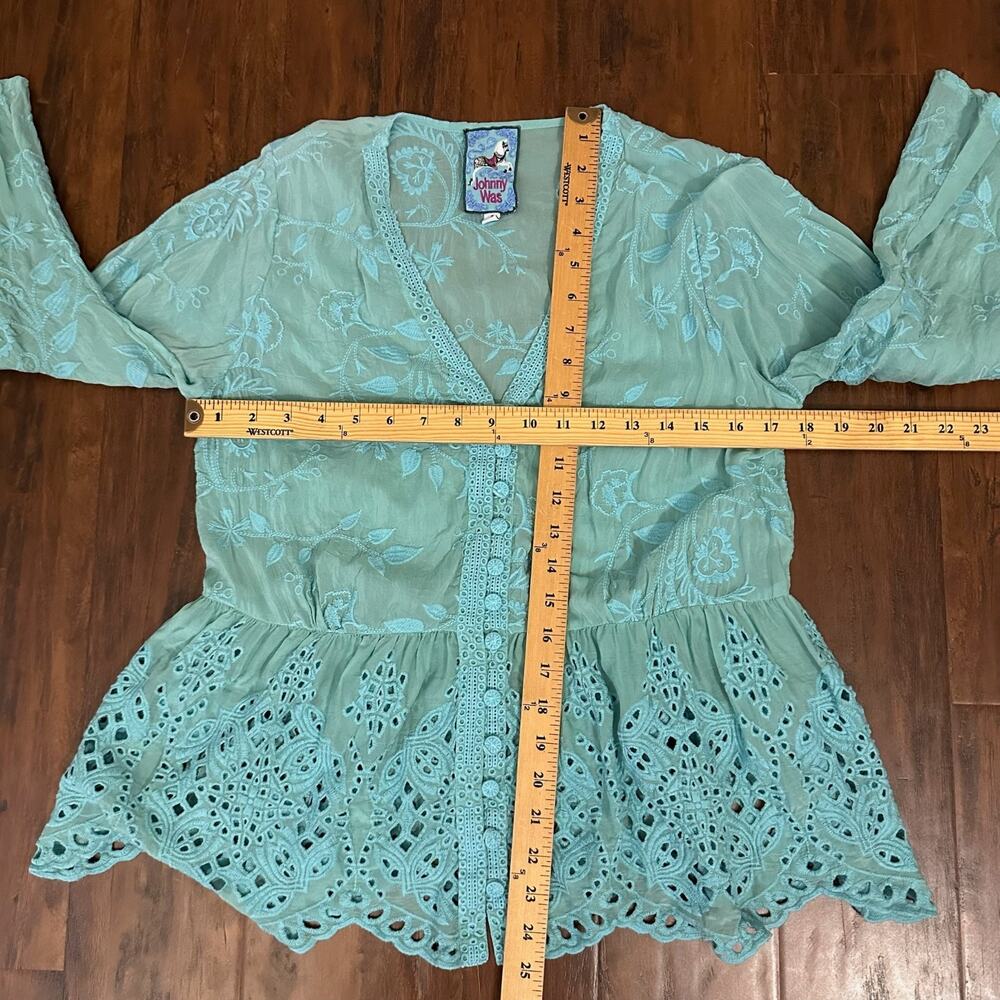 JOHNNY WAS Ingrid Reveka Blouse Top Marine Blue Floral Eyelet Peplum - Picture 10 of 11
